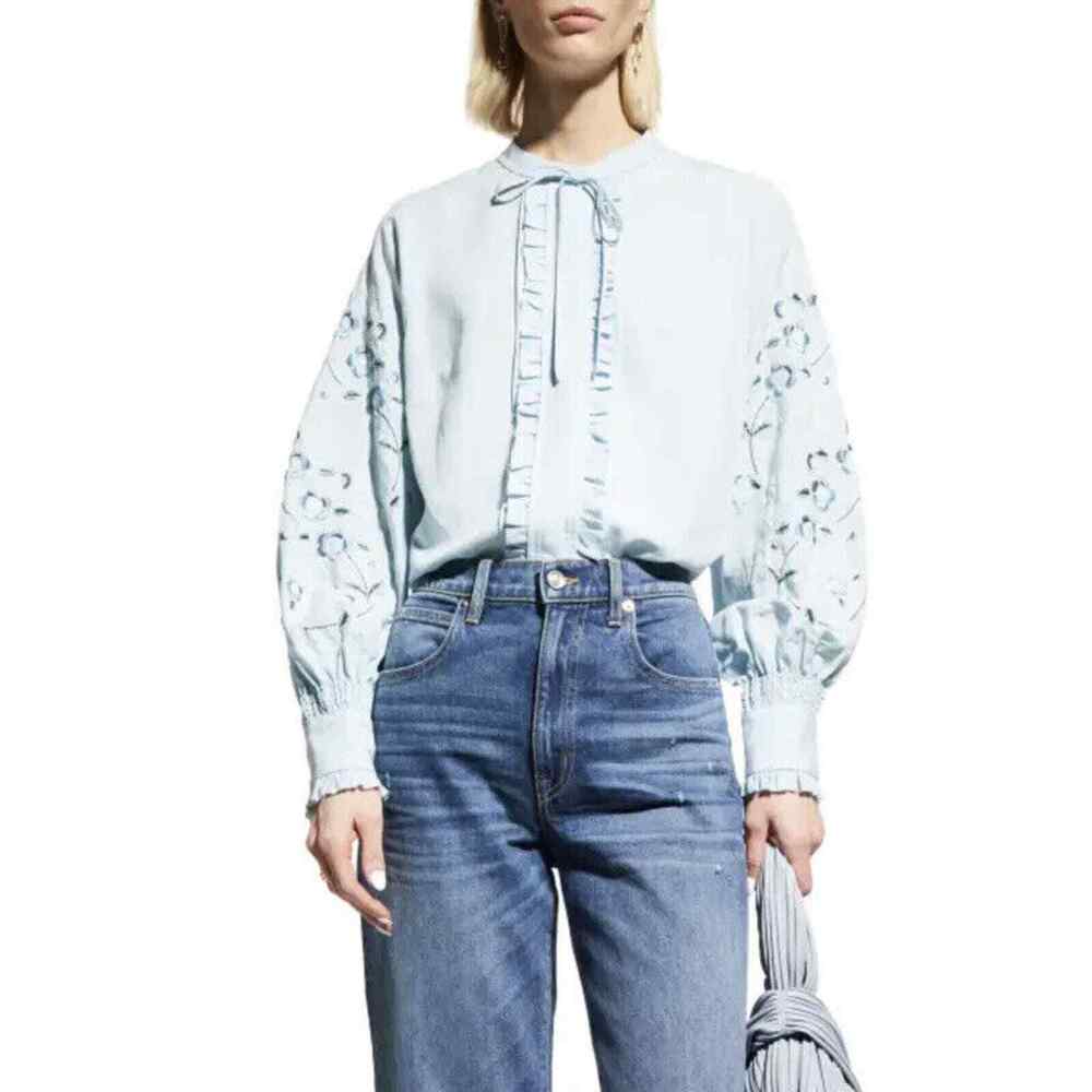 KOBI HALPERIN Light Blue Luisa Embroidered Floral Ruffle Blouse Top Shirt Size S